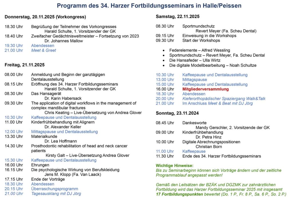 Das Programm des Harzer Fortbildungsseminar 2025 der GK KFO als Bild