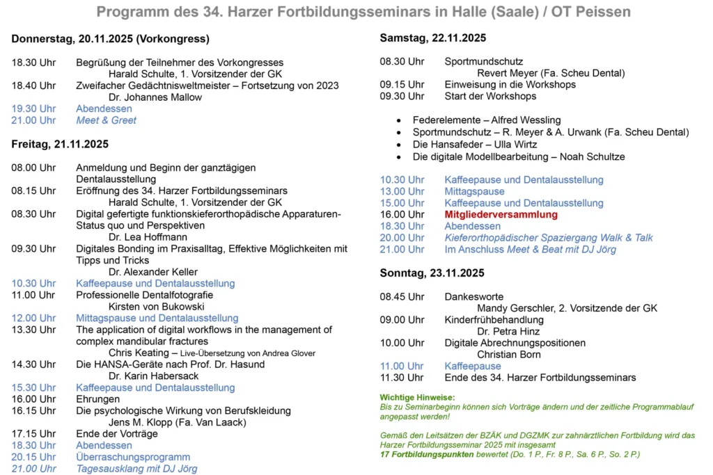 Das Programm des Harzer Fortbildungsseminar 2025 der GK KFO